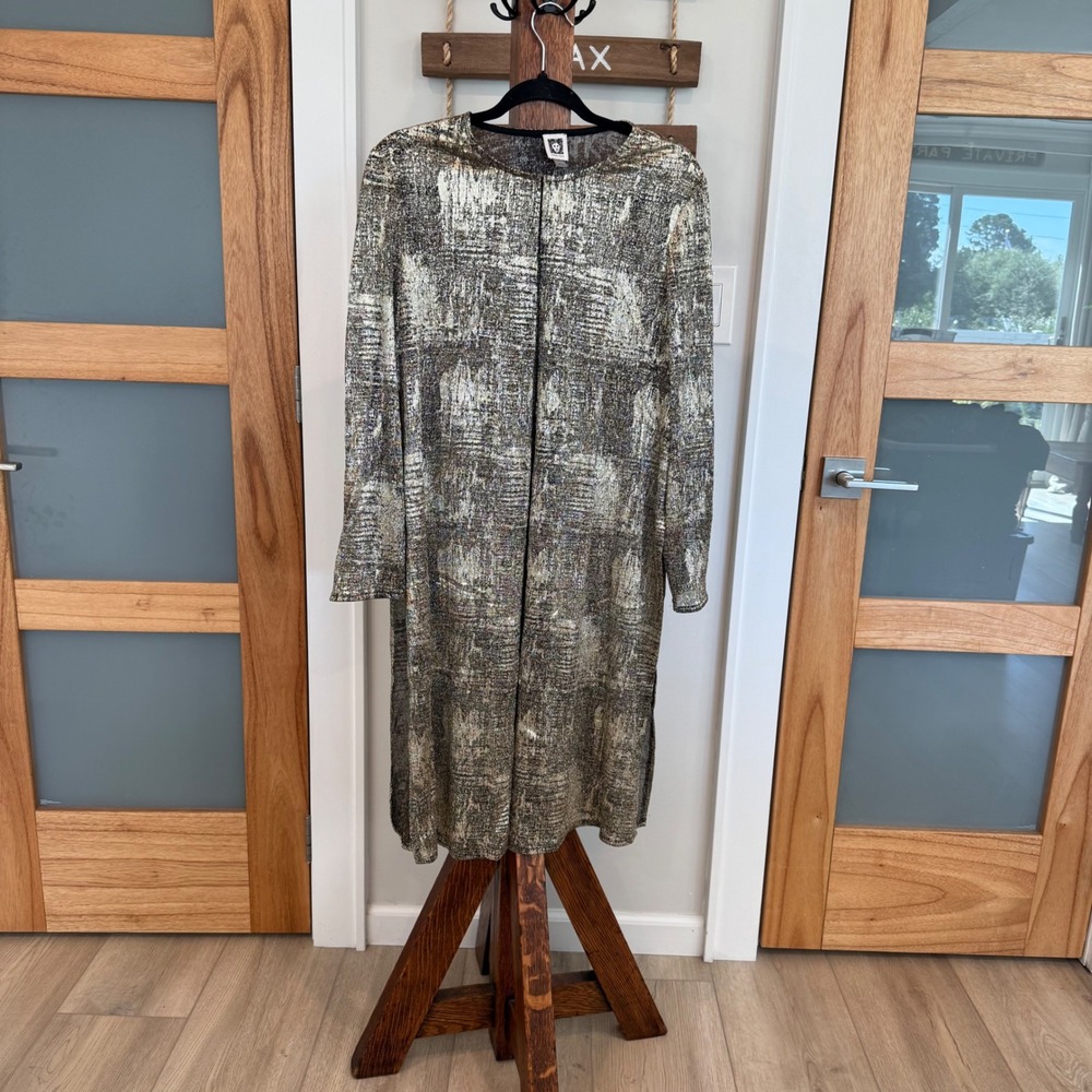 Anne Klein Gold Metallic Abstract Duster Cardigan Open Front Jacket Womens L EUC